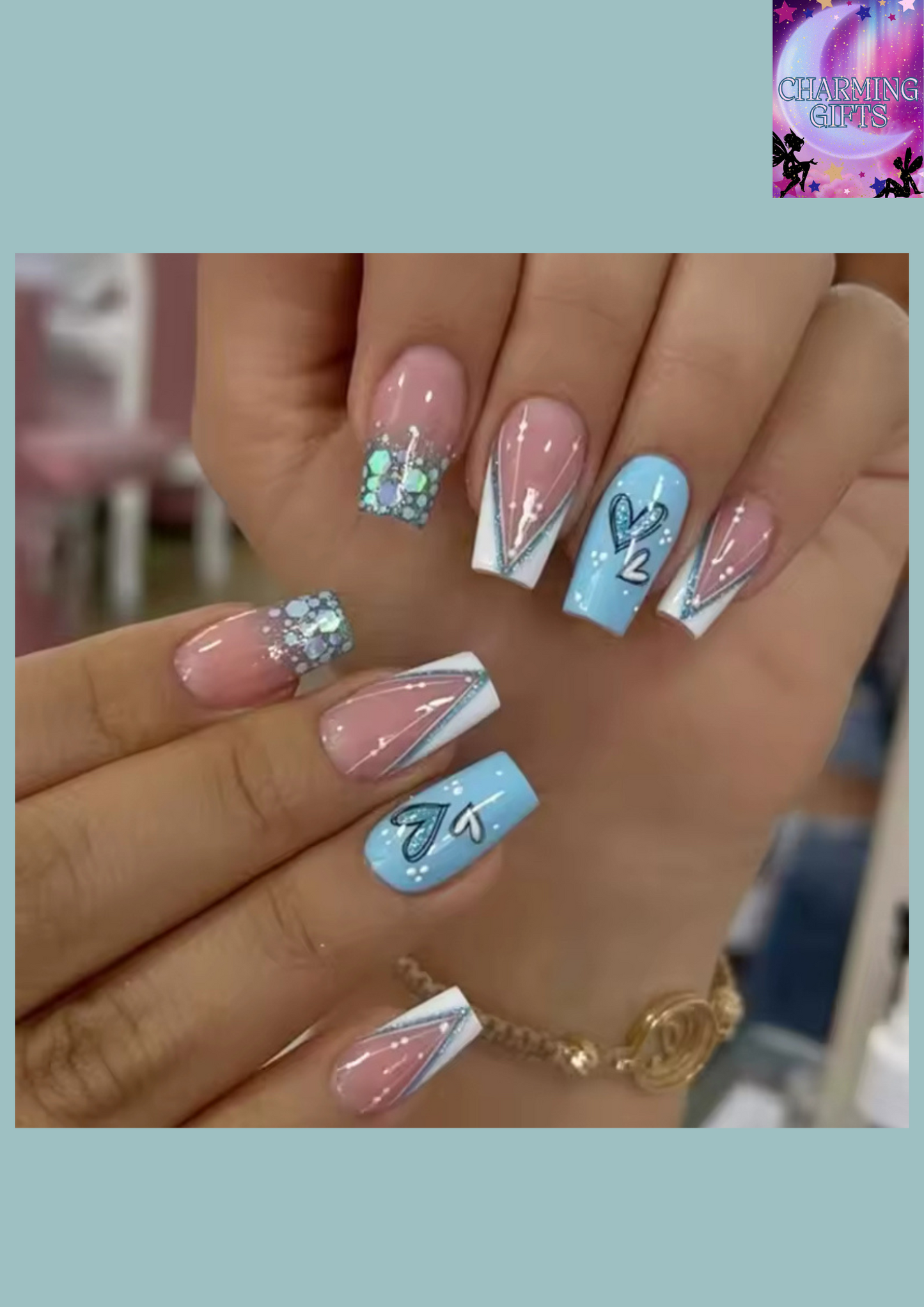 24 pcs short square French Minimalist Heart Glitter nails +1 nail glue +1 nail file