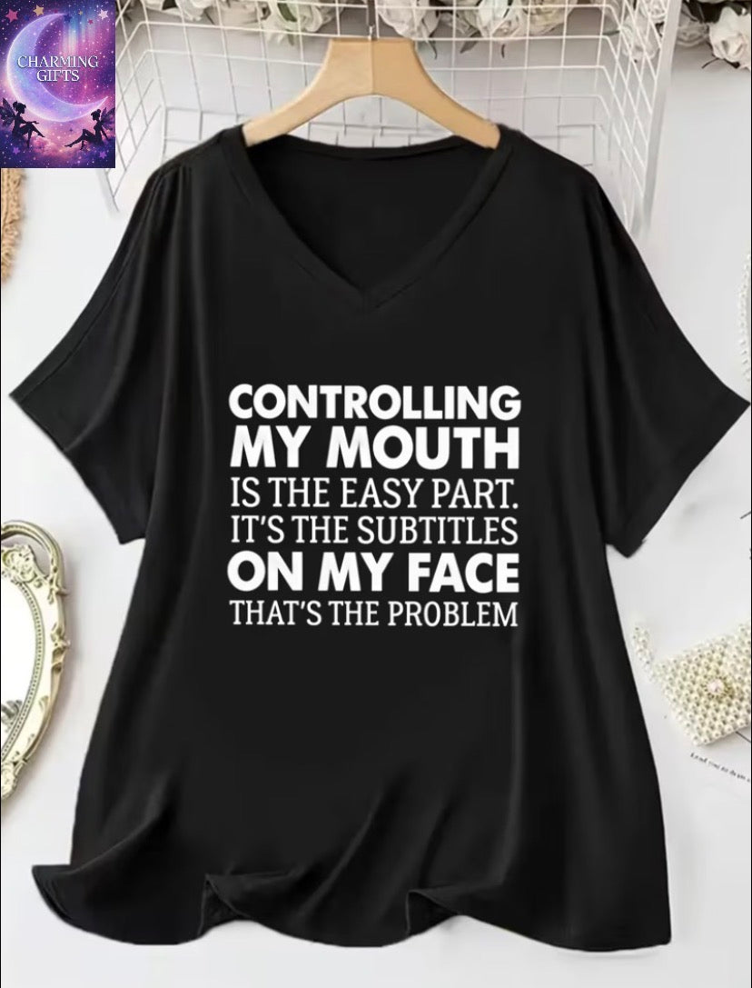 Plus Size, Plus SizeCasual Style Women's V Neck Batwing Sleeves T Shirt Controlling My Mouth Is The Easy Part Its The Subtitles On My Face Thats The Problem Graphic Print Summer Outfit Gift for Her