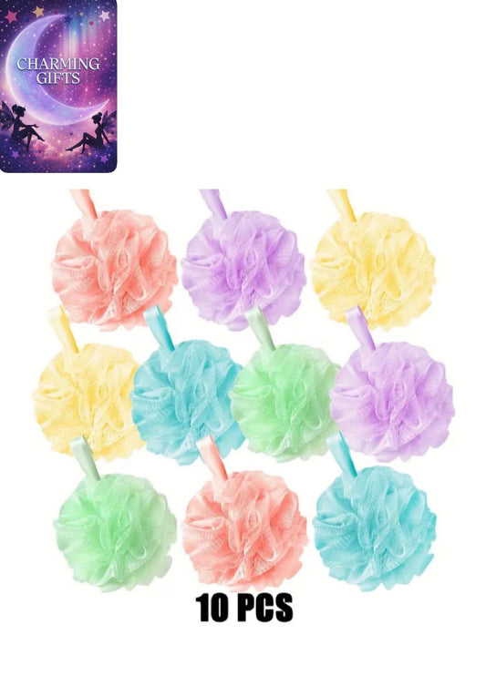 10pcs Colorful Shower Loofahs - Soft Mesh Bath Sponge Balls with Ribbon Handles, Exfoliating Body Scrubbers for Men & Women, Multi-Color Scrubbing Bath Accessories for Deep Clean & Relaxation