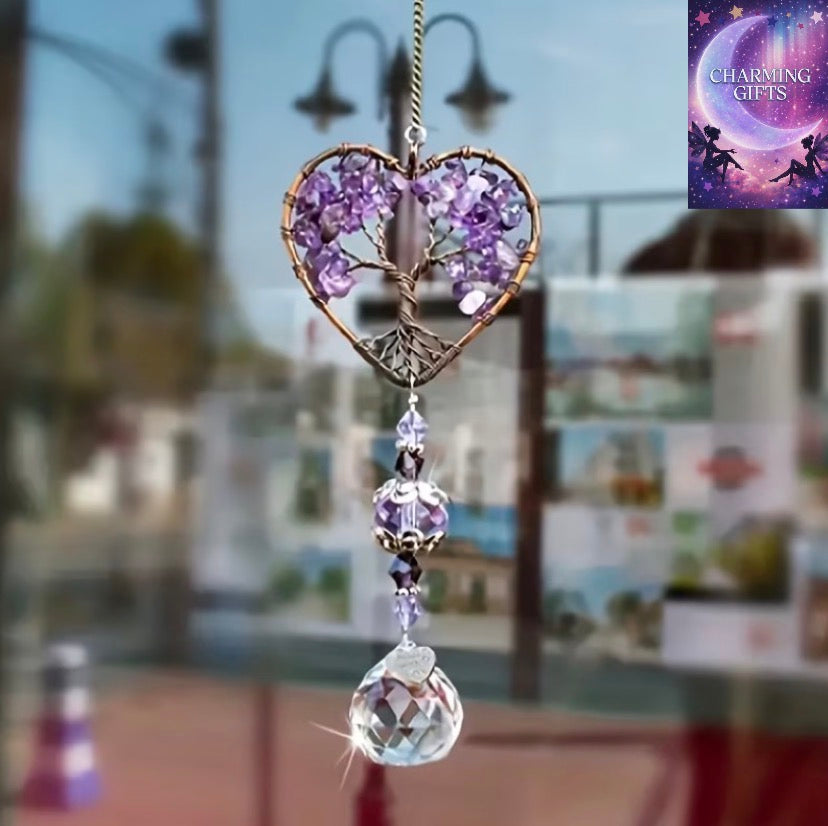 1pc Purple Amethyst Sun Catcher Crystal Tree of Life Rainbow Maker Drops - Bohemian Home Decor with Heart-Shaped Tree & Rainbow Design, Window Hanging Ornament For Christmas, Car Charms, Spiritual Gifts