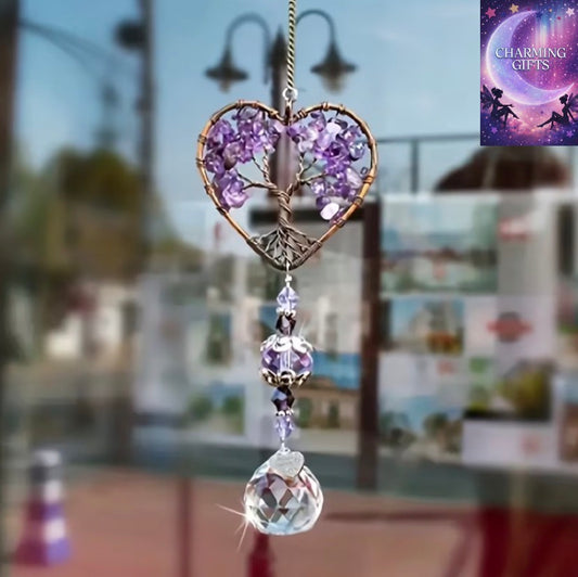 1pc Purple Amethyst Sun Catcher Crystal Tree of Life Rainbow Maker Drops - Bohemian Home Decor with Heart-Shaped Tree & Rainbow Design, Window Hanging Ornament For Christmas, Car Charms, Spiritual Gifts