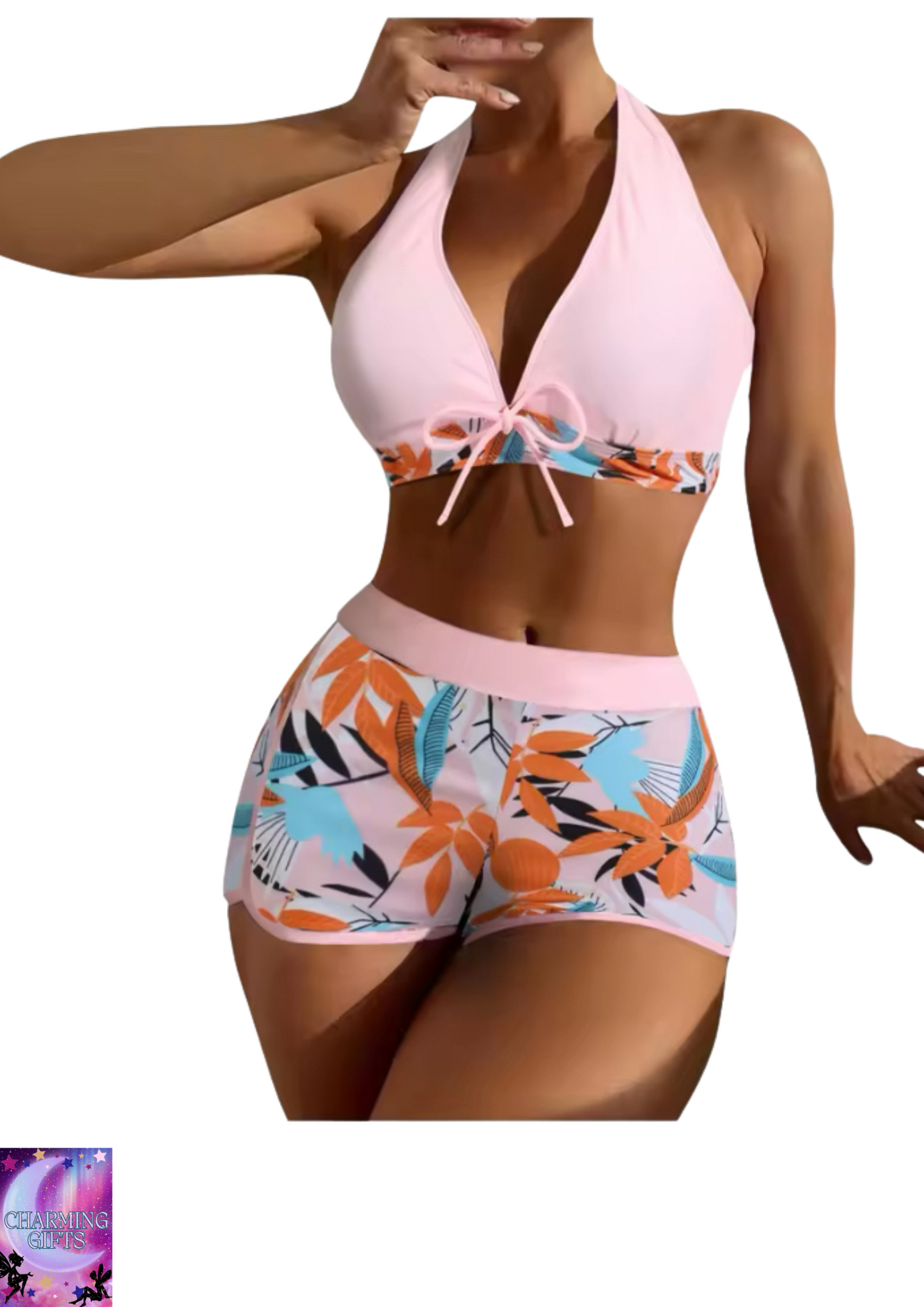Women's Paneled Printed Swimsuit Ladies Fashion Sexy Split Boxer High Waist Swimsuit Two-Piece Set V-Neck Bathing Suits Female