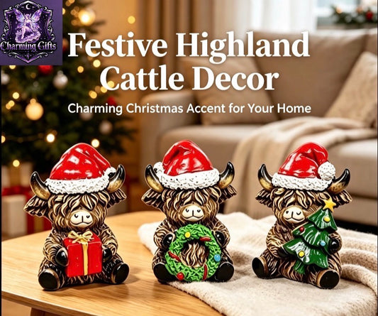 3pcs Set Christmas Highland Cow Statue Ornaments, Resin cow with Gifts, Wreath, and Mini Christmas Tree Accents, Farmhouse Style Table and Fireplace Decor, Indoor Home Holiday Decoration Gift