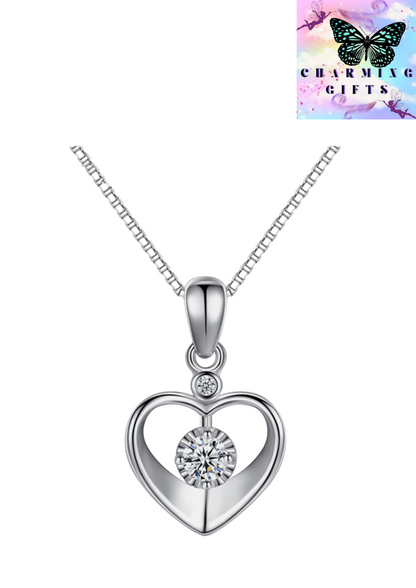 925 Sterling Silver Crystal Love Heart Pendant Necklace Women's  Jewellery