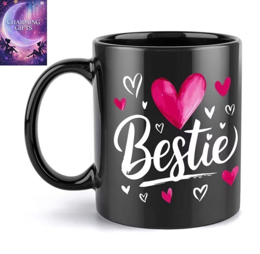 1pc Bestie Ceramic Mug 11Oz(360Ml)- Heart& Bestie Design, Black with Pink Hearts, Perfect for Coffee, Tea, Or Hot Chocolate, Ideal Birthday& Holiday Gift, Beverage Cup| Playful Design| Durable Drinkware, Grandma of The Bride, Mug with Message