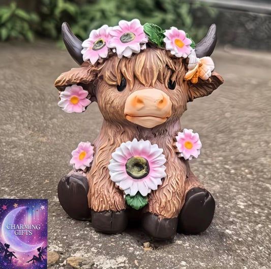 1pc Highland Cow Decoration with Floral Accents - Brown Scottish Farmhouse Decor Statue, Resin Tabletop or Garden Ornament for Home, Christmas, Halloween, Birthday Gifts - No Electricity Needed, Indoor/Outdoor Use, Cow Decorations for Home, Whimsical Anim