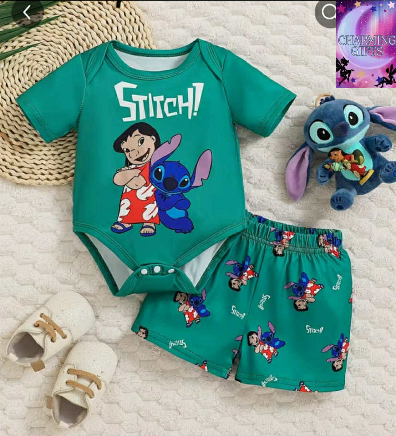 Disney Stitch Cartoon Pattern Baby Boy Jumpsuit + Shorts Set, Cute Toddler Summer Outfit, Crew Neck, Slight Stretch, Random Print, Regular Fit, for Youngsters