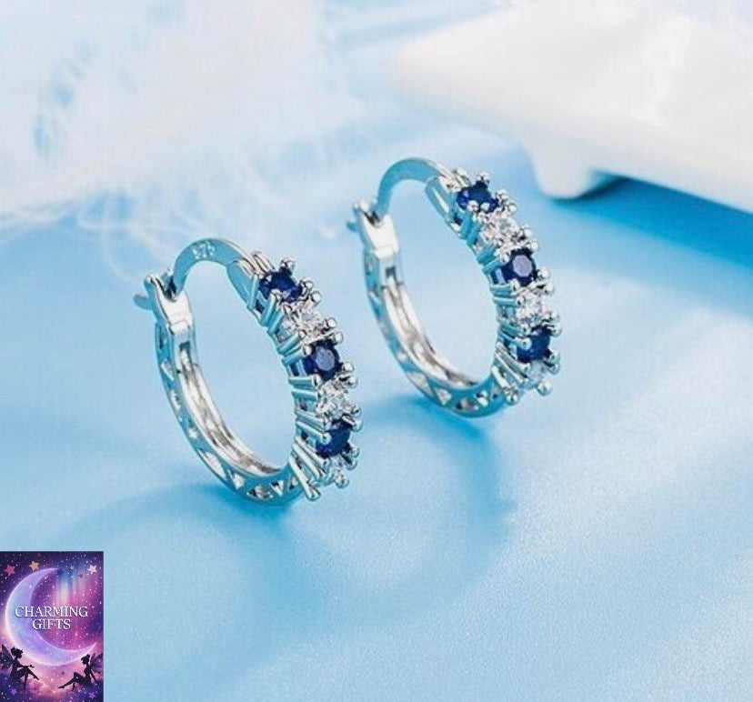 925 Sterling Silver Blue Crystal Hoop Earrings Jewellery Women Girls Gift