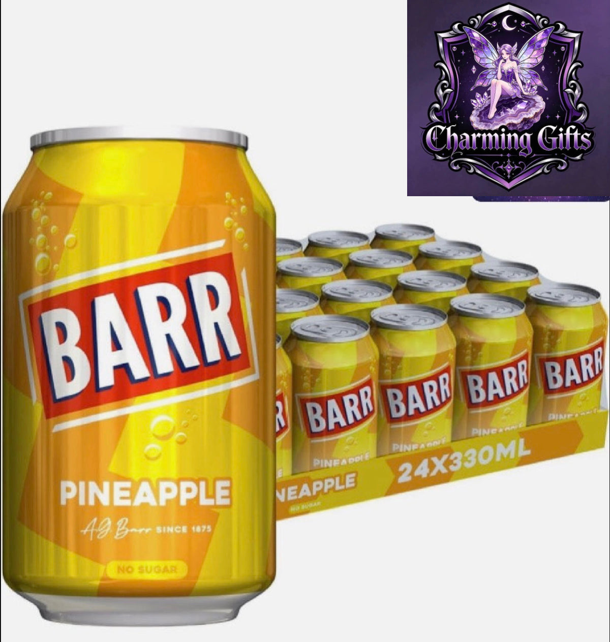 , Barr Pineapple 24 pack Fizzy Drink Cans, No Sugar, 24 x 330 ML