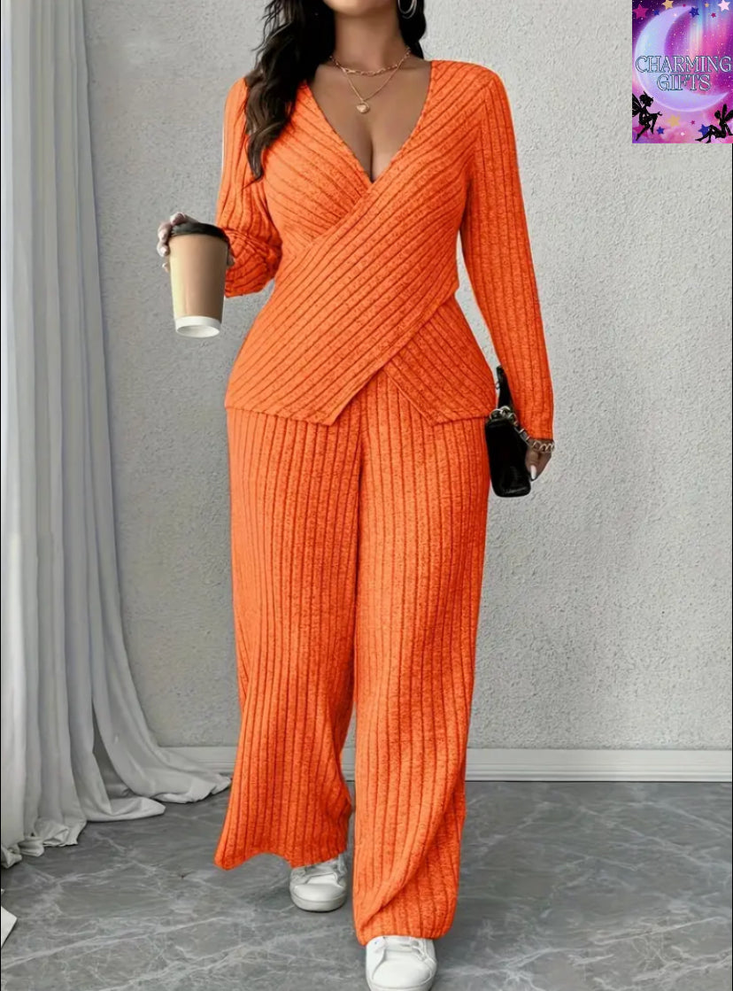 [Plus Size Elegant Outfit Set] Elegant Plus Size Women's V-Neck Ribbed Top & Wide-Leg Pants Set - Soft Stretchy Fabric, Long Sleeves, Casual Chic Outfit for Spring/Fall