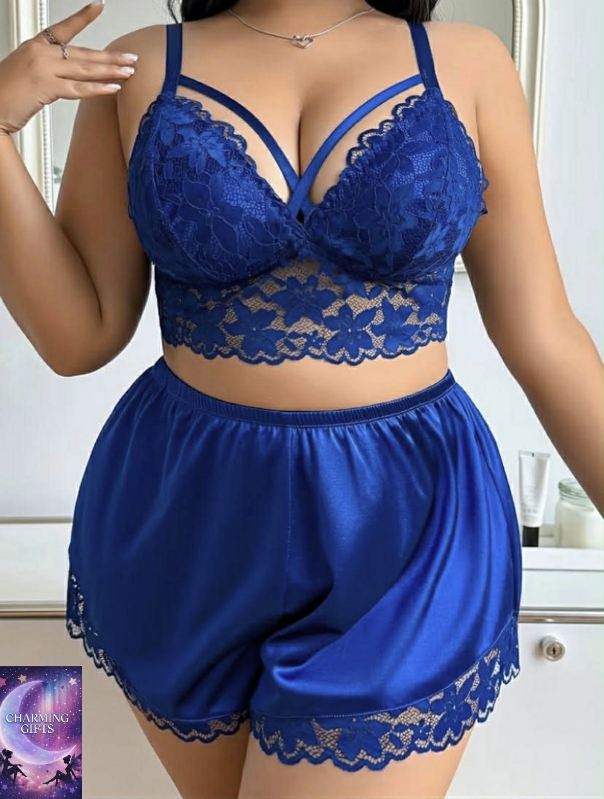 Plus Size Contrast Lace Patchwork Wire-Free Comfort Bra and Panty Set