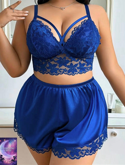 Plus Size Contrast Lace Patchwork Wire-Free Comfort Bra and Panty Set