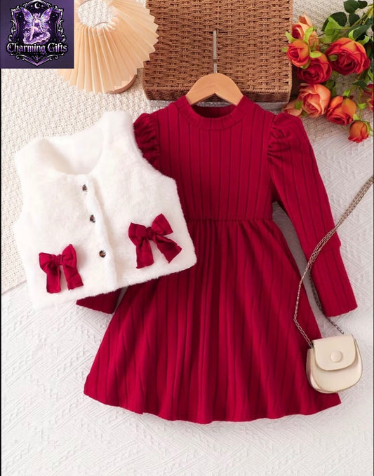 2pcs Girls' Spring, Autumn, Winter Long-Sleeve Dress + Plush Bow Jacket Vest Set, Sweet Princess Style Party Dress, Holiday Gift, Outdoor Casual Wear, Suitable for Outdoor Activities, Perfect for Outdoor