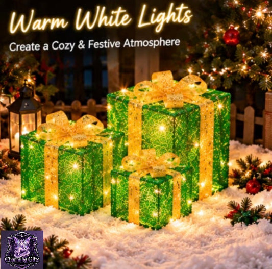 3pcs Christmas Lighted Gift Boxes Set, Green Glitter Present Boxes with Warm White LED Lights, Large Medium Small Sizes, Golden Bow Christmas Decorations for Home, Party & Holiday Decor
