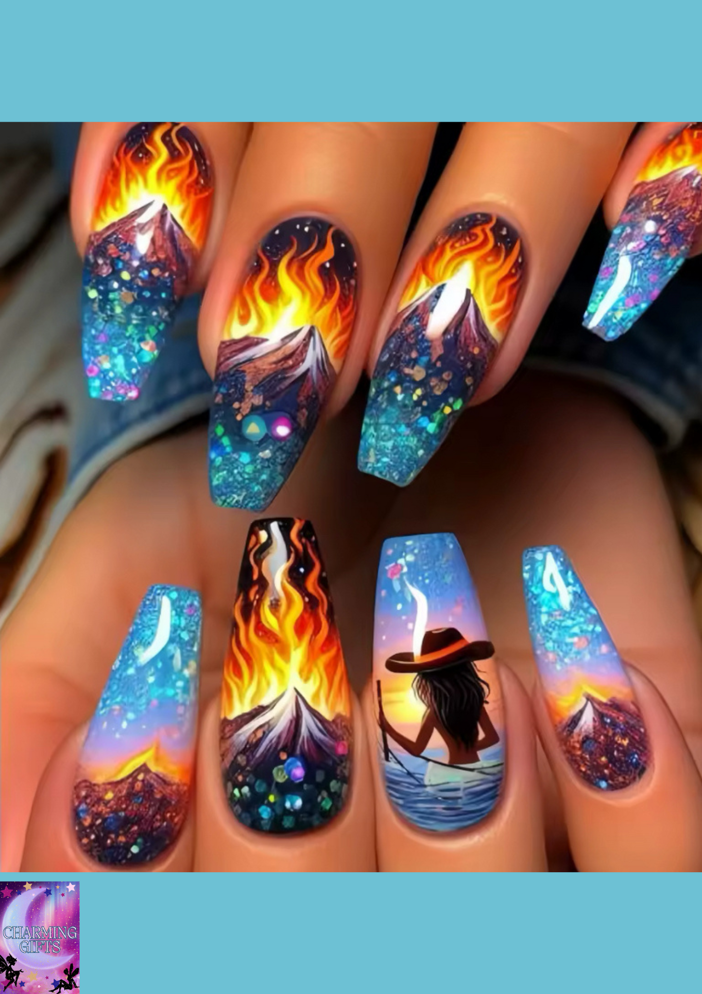 24pcs/set medium long fake nails fashion butterfly feather forest sea wave design gradient blue purple green press on false nail