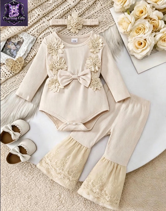 3pcs Spring/Summer Girls' Round Neck Floral Bow Bodysuit + Lace Flared Pants & Headscarf, Clothing for Girls, Perfect for Outdoor