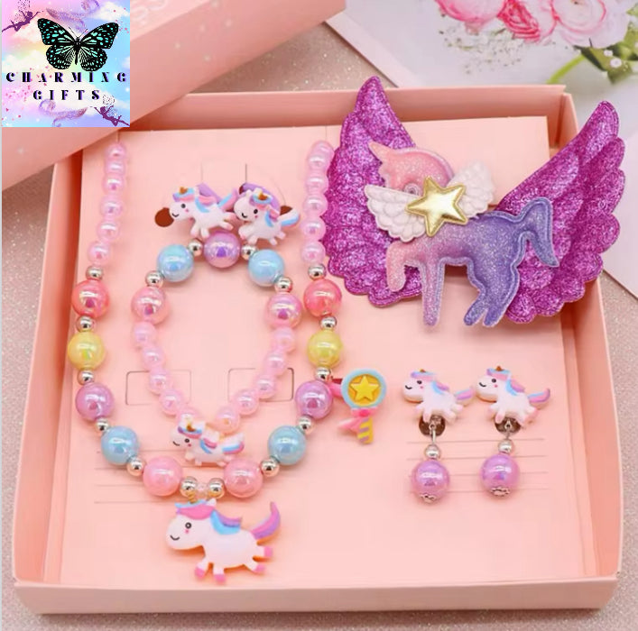 8pcs/set Baby Girls Beads Necklace Set Rainbow Unicorn Pendant Child Kids Adjustable Lovely Necklace Charm Chunky Jewelry Gifts