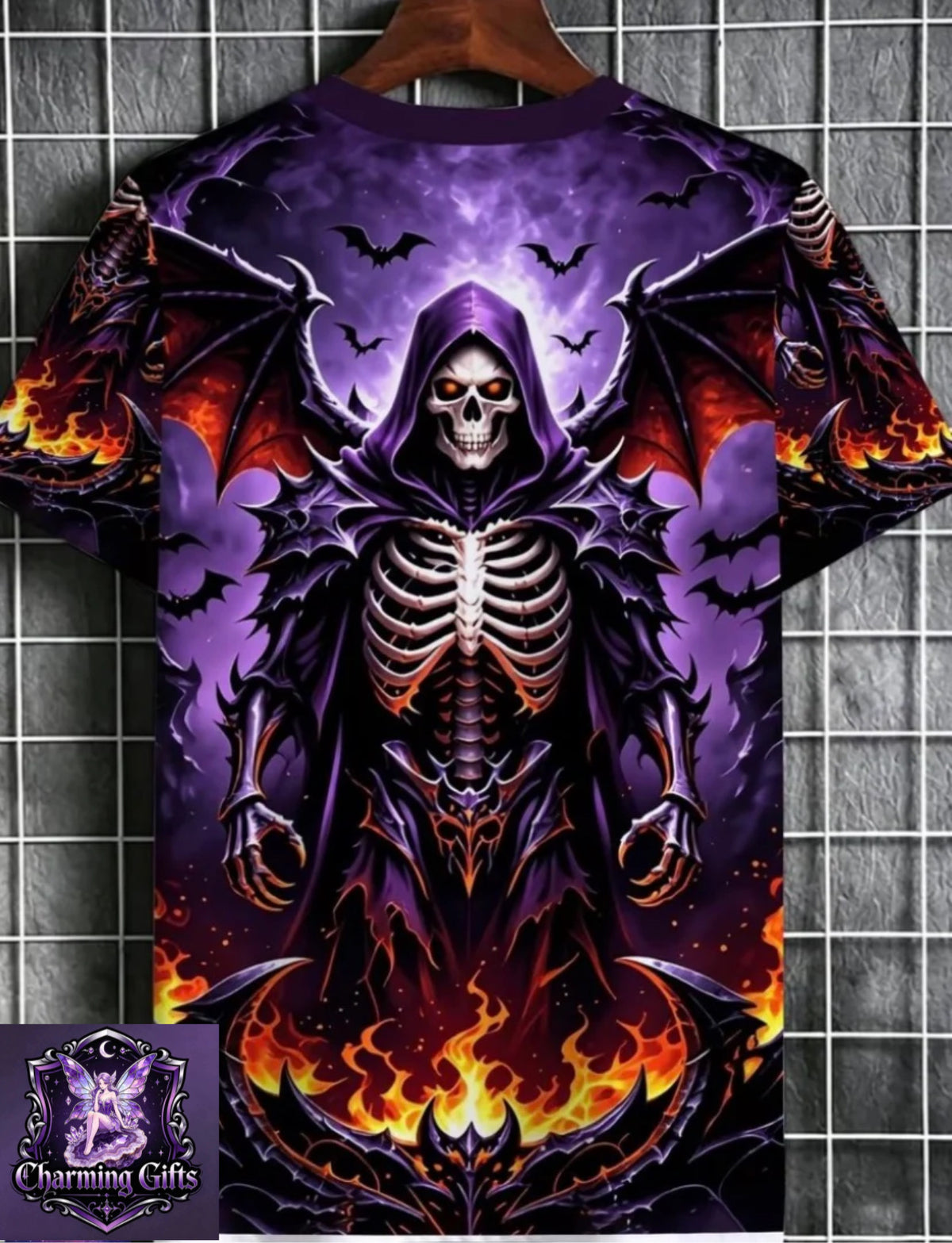Men's Gothic Flame Reaper Skull T-Shirt - Purple & Orange Reaper Print Crew Neck Streetwear Top, Regular Fit Casual Shirt Suitable for Parties, Casual Attire & Themed Events, Machine Washable Reaper