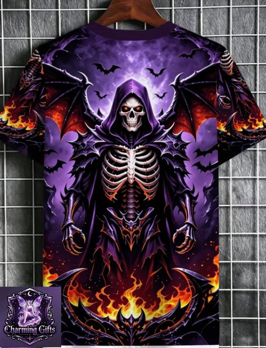 Men's Gothic Flame Reaper Skull T-Shirt - Purple & Orange Reaper Print Crew Neck Streetwear Top, Regular Fit Casual Shirt Suitable for Parties, Casual Attire & Themed Events, Machine Washable Reaper
