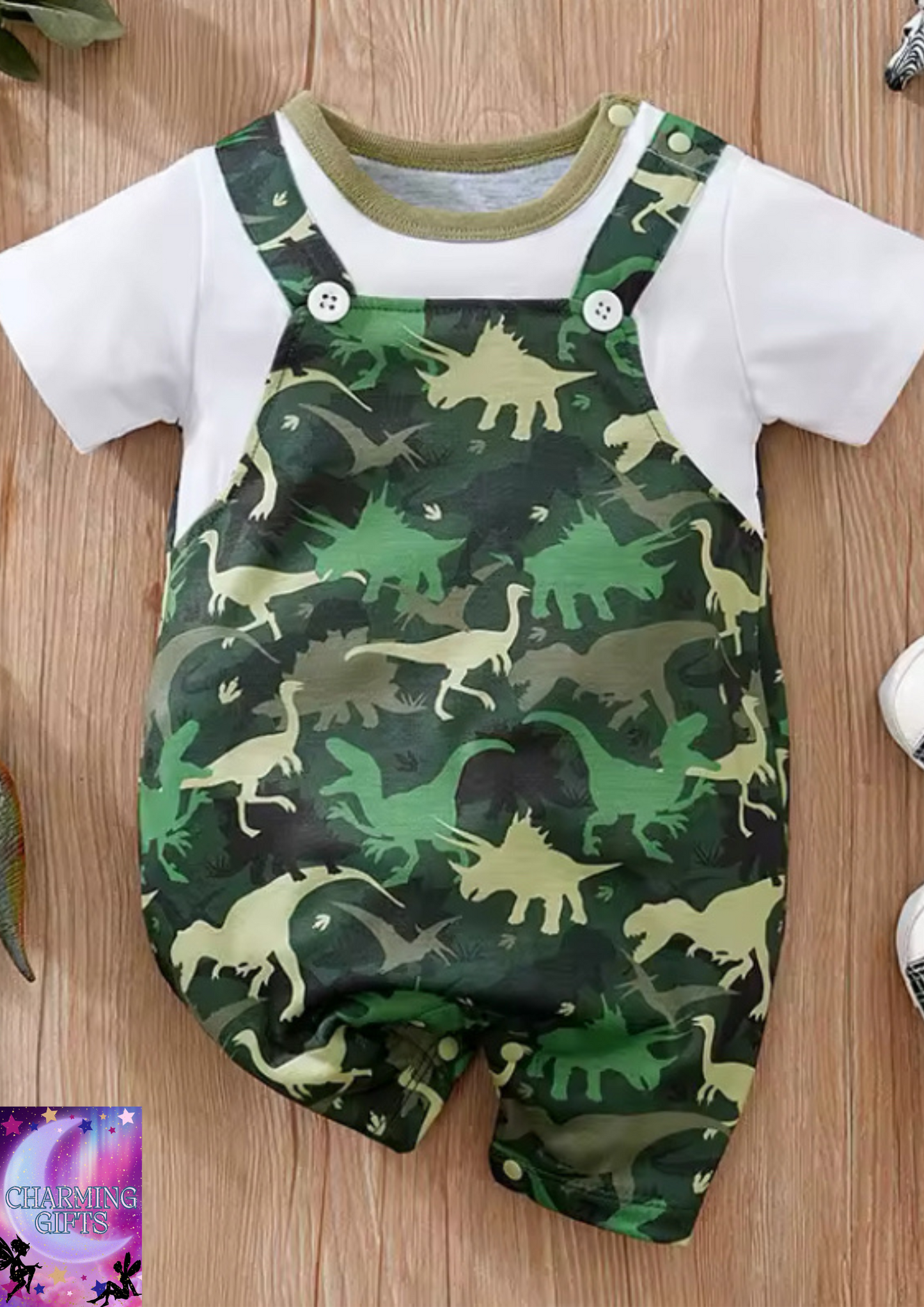Summer Boys And Girls Handsome Cartoon Strap Dinosaur Print Comfortable Casual Short Sleeve Baby Bodysuit