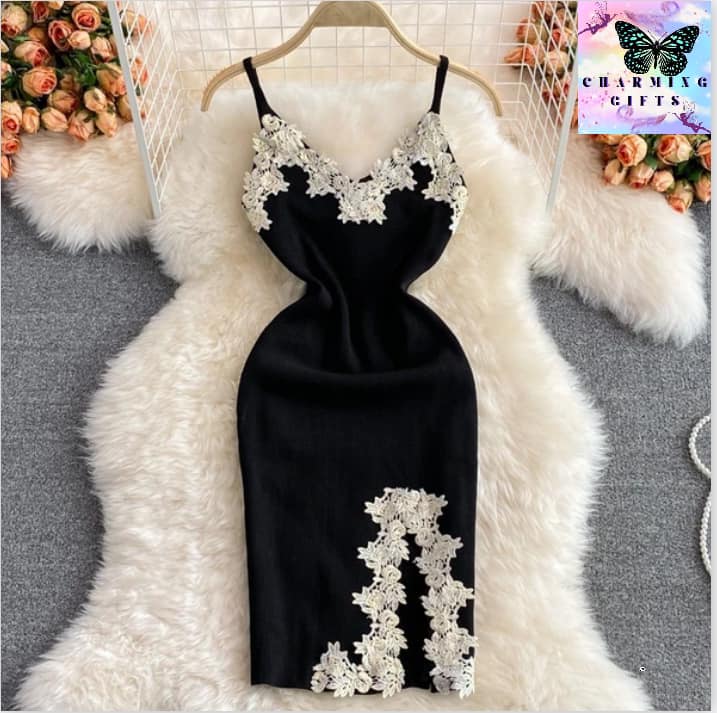 Chic Fashion Sexy Package Hips Lace Patchwork Knitted Summer Dress Women Black Mini Party Dress Streetwear Outfits