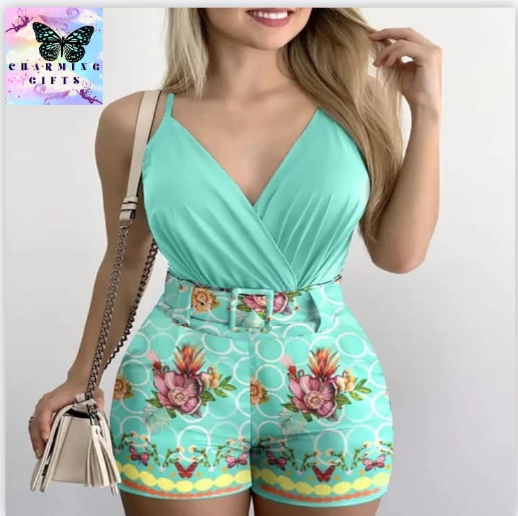 2024 Summer Sexy Fashion Two-piece Hips Beach Women Suspender Shorts Suit Monos Mujer Elegante with Belt