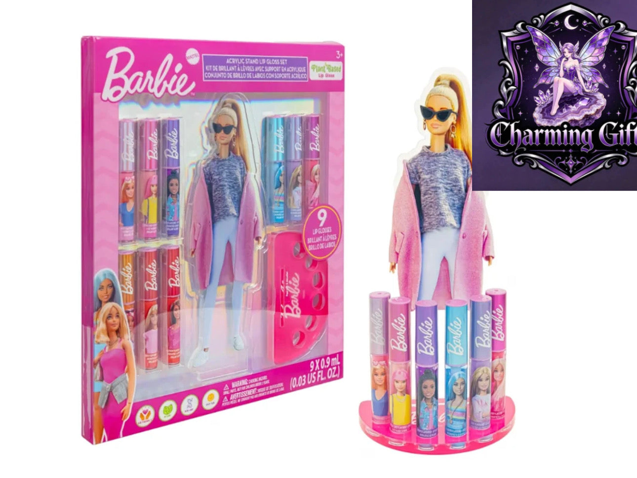 Barbie 11 Pc Lip Gloss Set Plant Based, Moisturizing Acrylic Stand