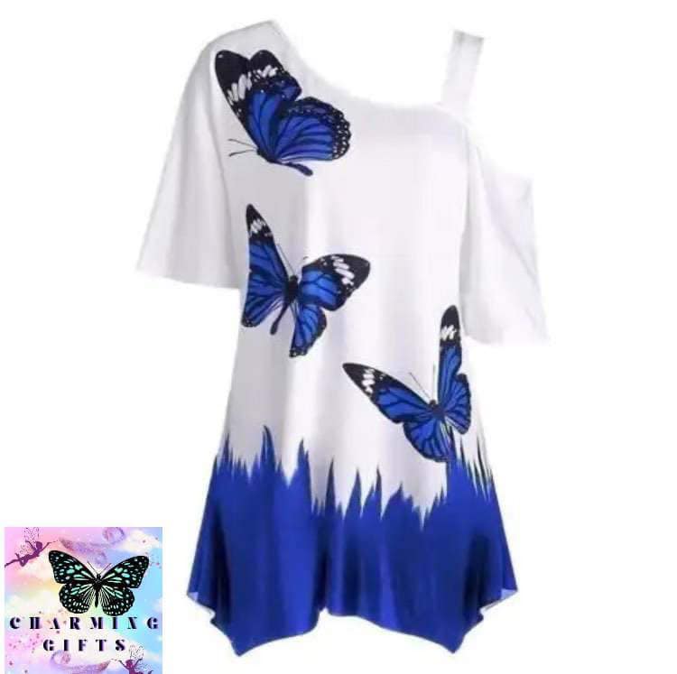 2021 Plus Size Women Butterfly Print T-shirt Cold Shoulder Short Sleeve Tunic Tee Top Base Daily Shirts for Daily Life