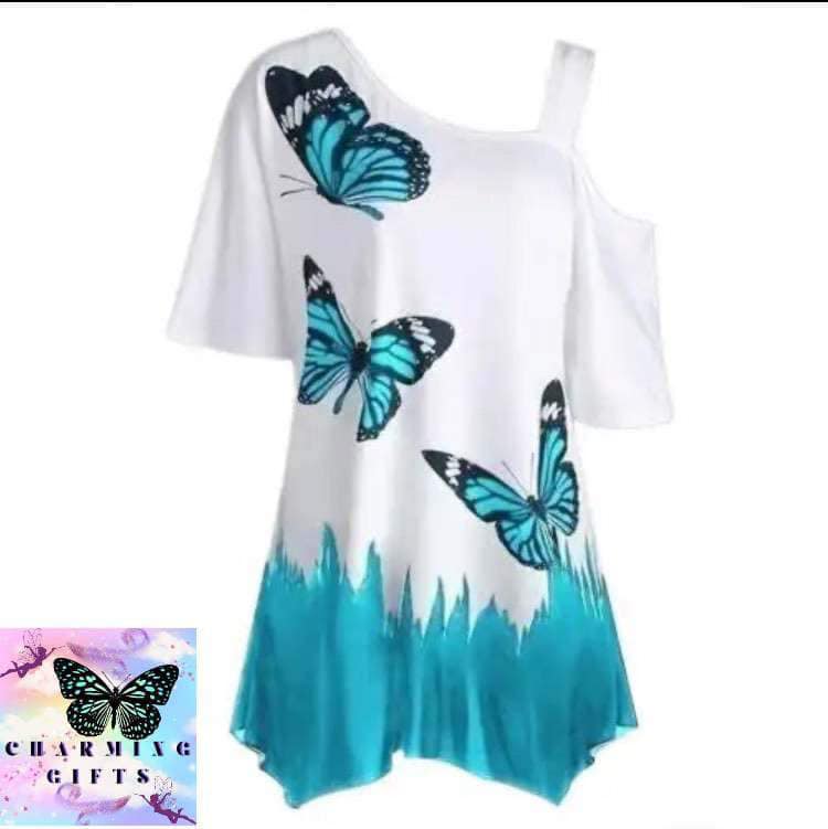 2021 Plus Size Women Butterfly Print T-shirt Cold Shoulder Short Sleeve Tunic Tee Top Base Daily Shirts for Daily Life