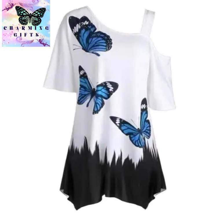 2021 Plus Size Women Butterfly Print T-shirt Cold Shoulder Short Sleeve Tunic Tee Top Base Daily Shirts for Daily Life