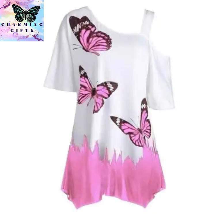 2021 Plus Size Women Butterfly Print T-shirt Cold Shoulder Short Sleeve Tunic Tee Top Base Daily Shirts for Daily Life