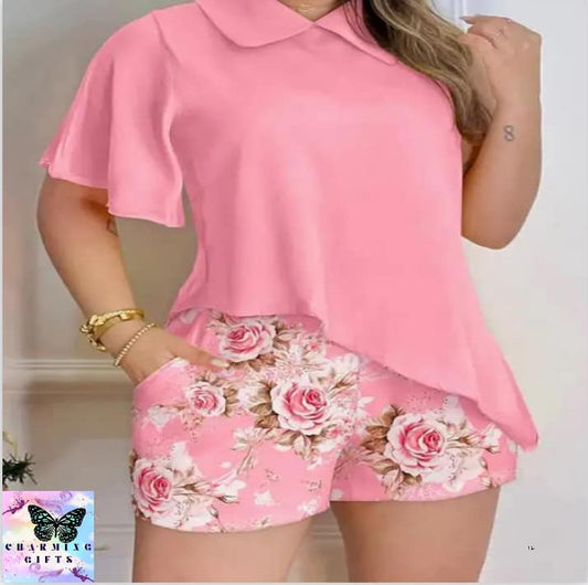 Two Peice Set Asymmetrical Hem Top & Floral Print Shorts Set Women Casual New Fashion 2023 Summer