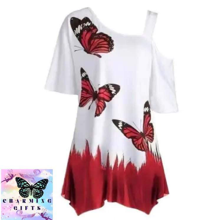 2021 Plus Size Women Butterfly Print T-shirt Cold Shoulder Short Sleeve Tunic Tee Top Base Daily Shirts for Daily Life