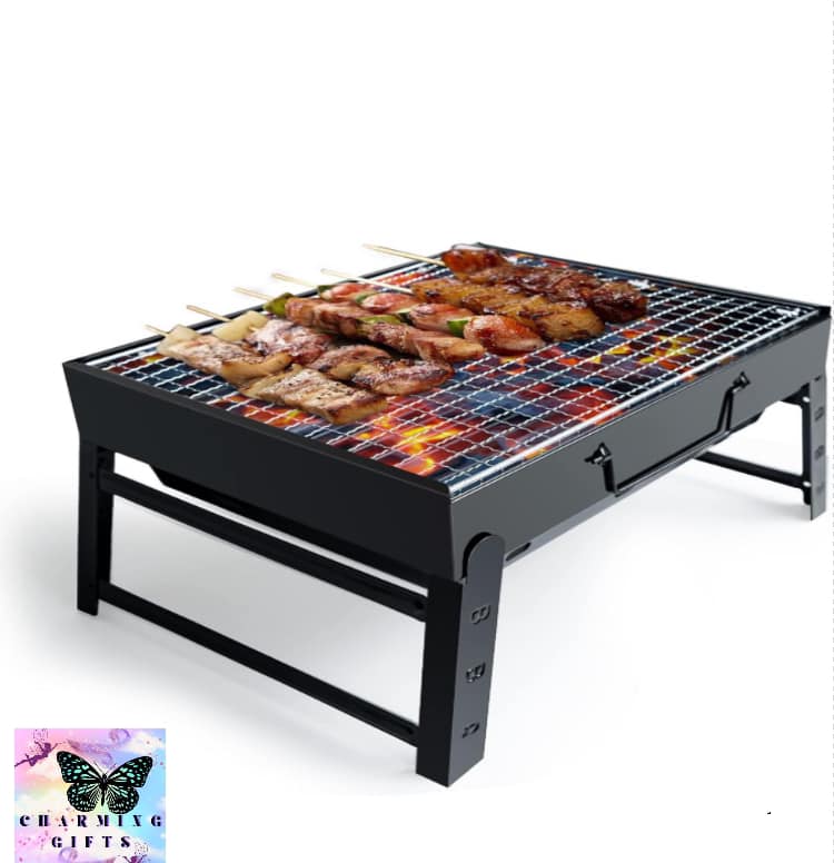 BBQ Barbecue Grill, Portable Folding Charcoal Barbecue Desk Tabletop Outdoor Stainless Steel Smoker BBQ for Picnic Garden Terrace Camping Travel 15.35''x11.41''x2.95'' (Black)