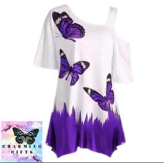 2021 Plus Size Women Butterfly Print T-shirt Cold Shoulder Short Sleeve Tunic Tee Top Base Daily Shirts for Daily Life