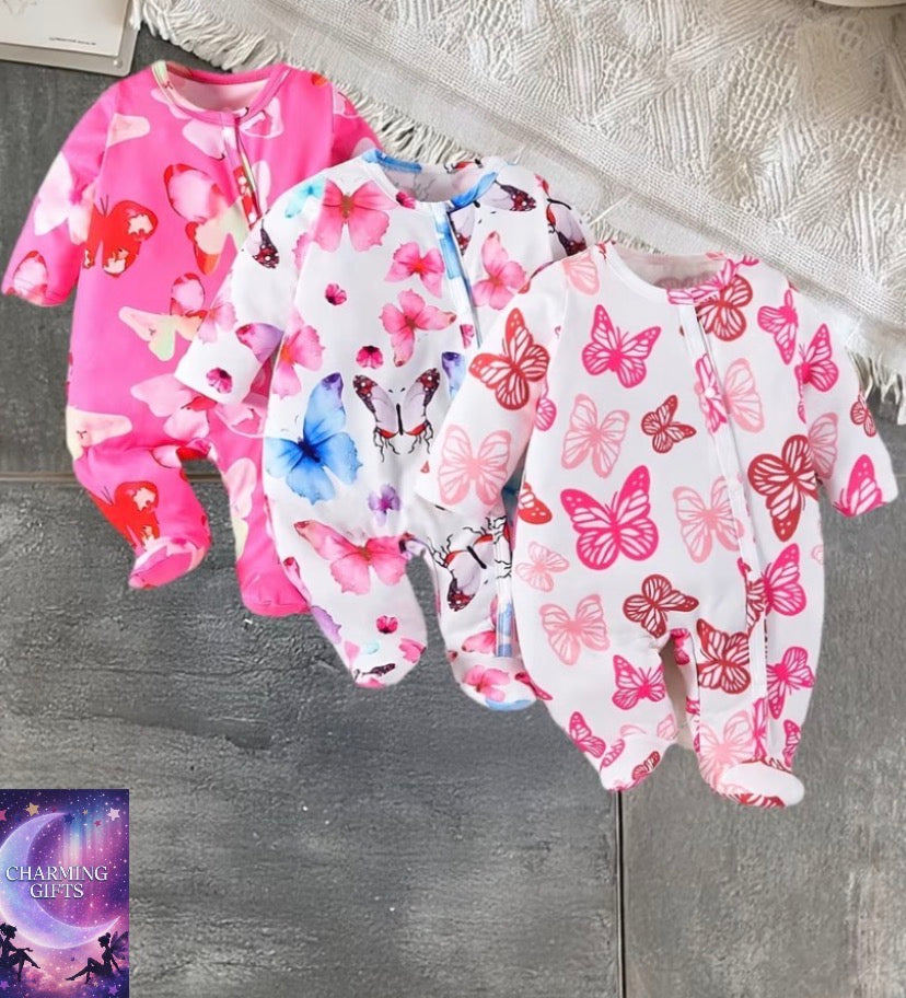 Butterfly Print Footed Romper Three-Piece Set, Perfect for Outdoor, Newborn/Toddler Necessities