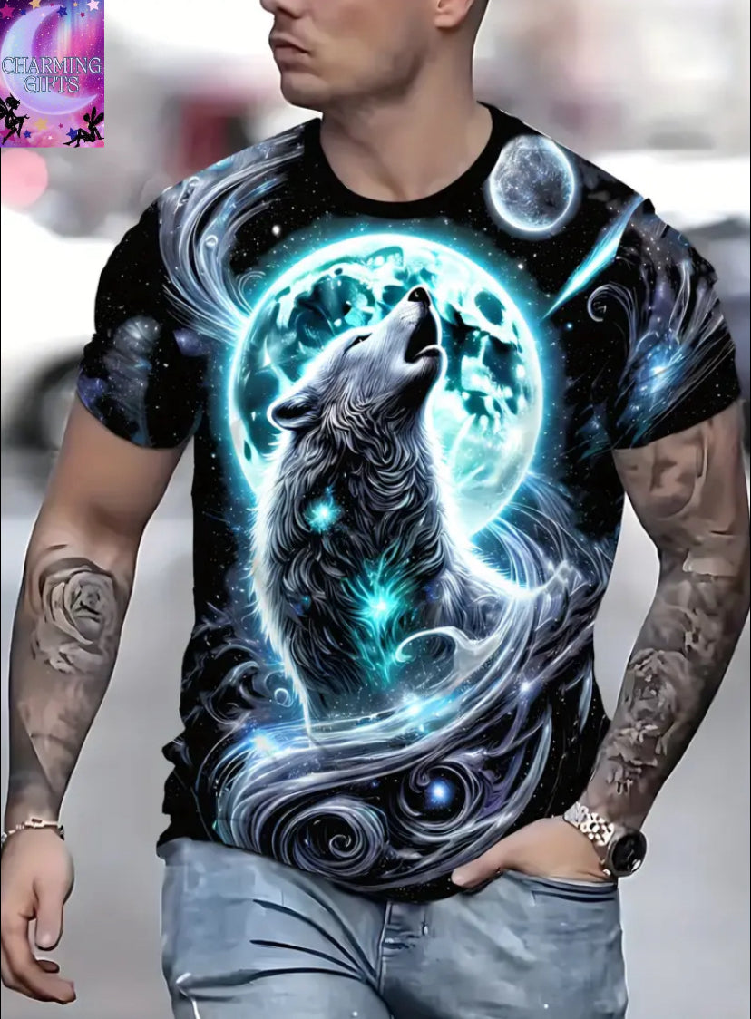 [3D Wolf Tee] Men's Breathable 3D Printed Wolf Howling at Moon & Stars Graphic T-Shirt | Casual Round Neck Short Sleeve Tee for Outdoor Activities, Cool Summer Apparel, Cosmic Print Shirt, Comfortable Fit
