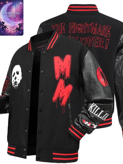 Michael myers Men's Varsity Jacket Casual, Fashionable, High-end Embroidered Black #78 Baseball Jacket, Splicing Black PU Long Sleeves College Coat Hip Hop Street Style Pocket Sportswear