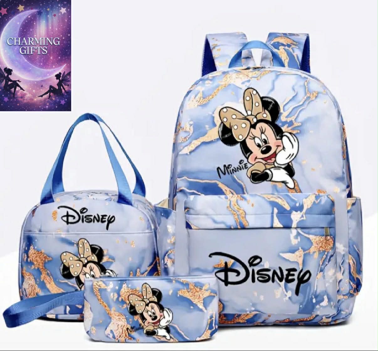 [Disney Minnie 3pc Backpack Set] Disney Minnie 3pc Backpack Set - Stylish Nylon Large Capacity Bag with Adjustable Straps, Zip Closure, Tablet Pocket - Includes Lunch Bag - Lightweight, Hand Washable - Animal Print - Ideal Back-to- Gift, Perfect Holiday P