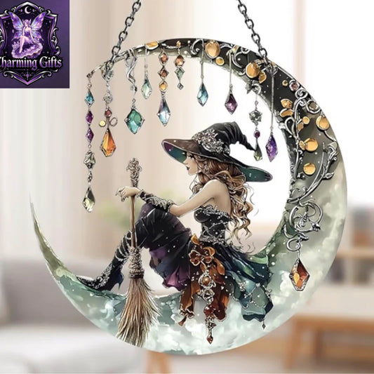 Mystical Witch Sun Catcher, Colorful Acrylic Stained Glass Effect Window Hanging Suncatcher, Gothic Moon Witch Statue Decor, Window Sun Catchers for Home Wall Art and Witch Gifts (Witch Design)