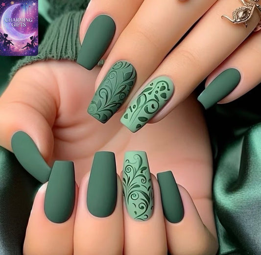 Women's Green Ballet Fake Nails - Medium-Length Matte Press- with Floral & Foliage Nail Art, Detachable -Looking Nail Extensions for Dance, Daily Wear, or Special Events (Machine-Nail Suitable for Hand & Foot)