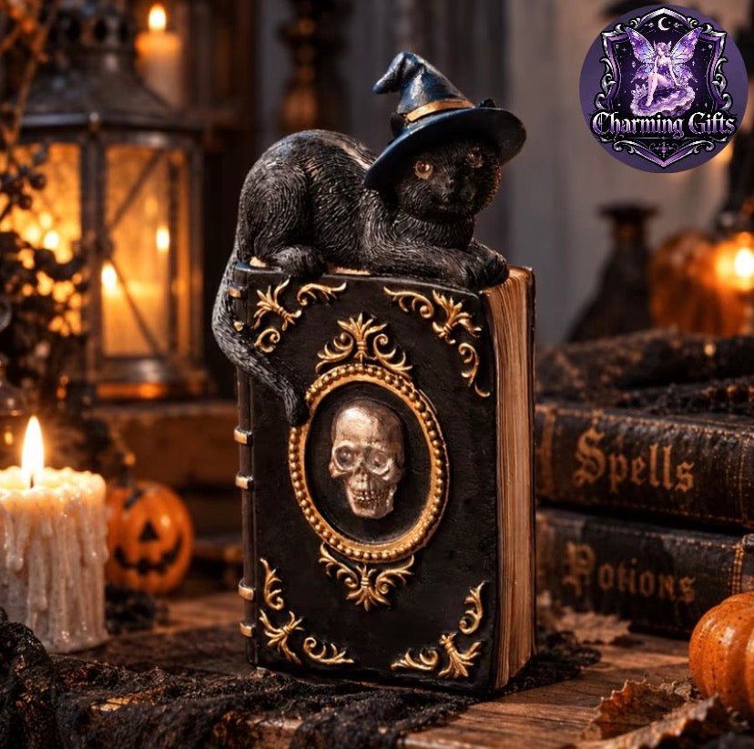 📖 Gothic Magic Spell Book with Black Cat & Witch Hat — Resin Statue 🐈‍⬛✨