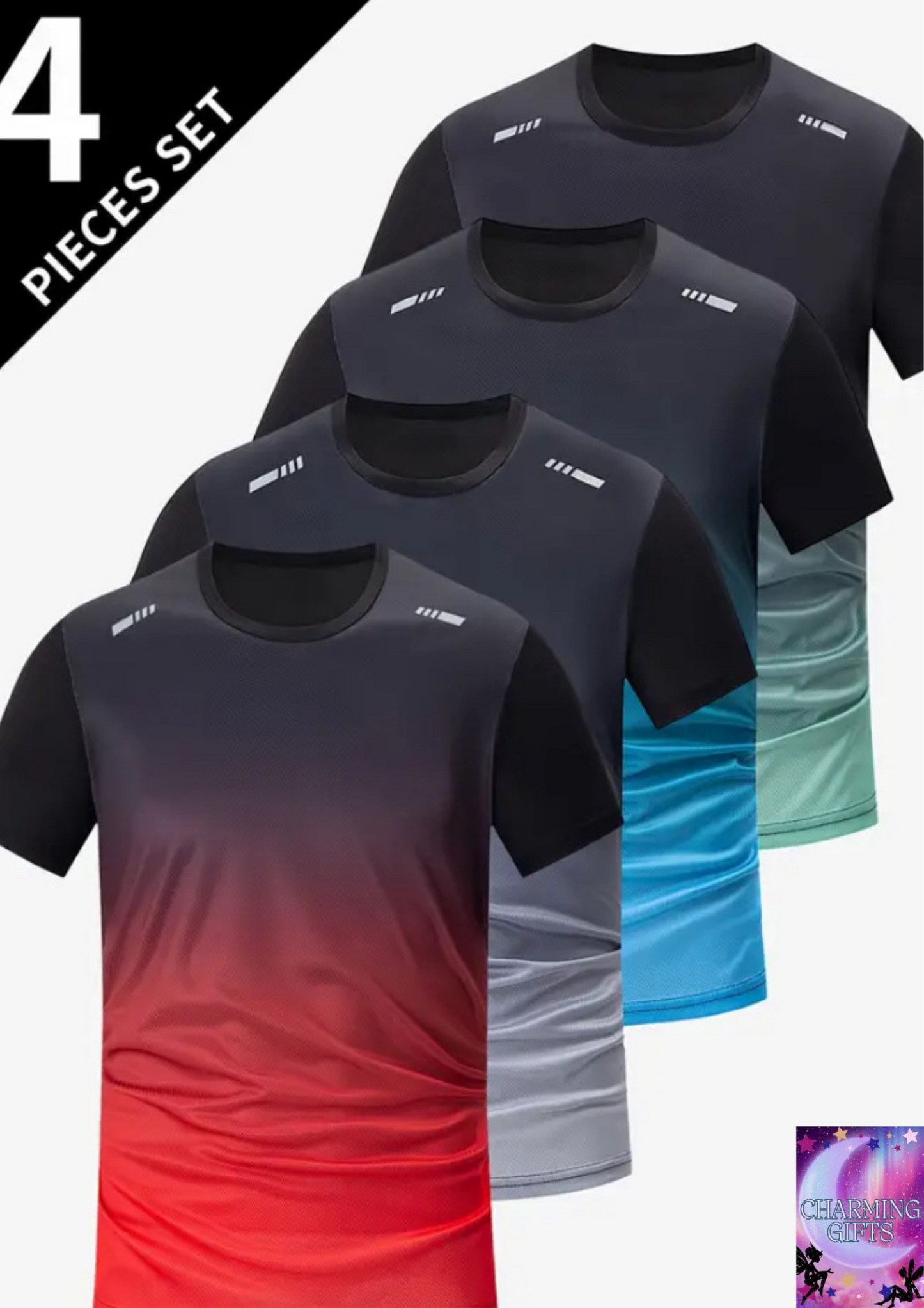 [4 Pcs Gradient Moisture-Wicking T-Shirts] 4 Pcs Men's Stylish Gradient Moisture-Wicking Athletic T-Shirts, Breathable And Quick-Drying Top For Running And Fitness Training