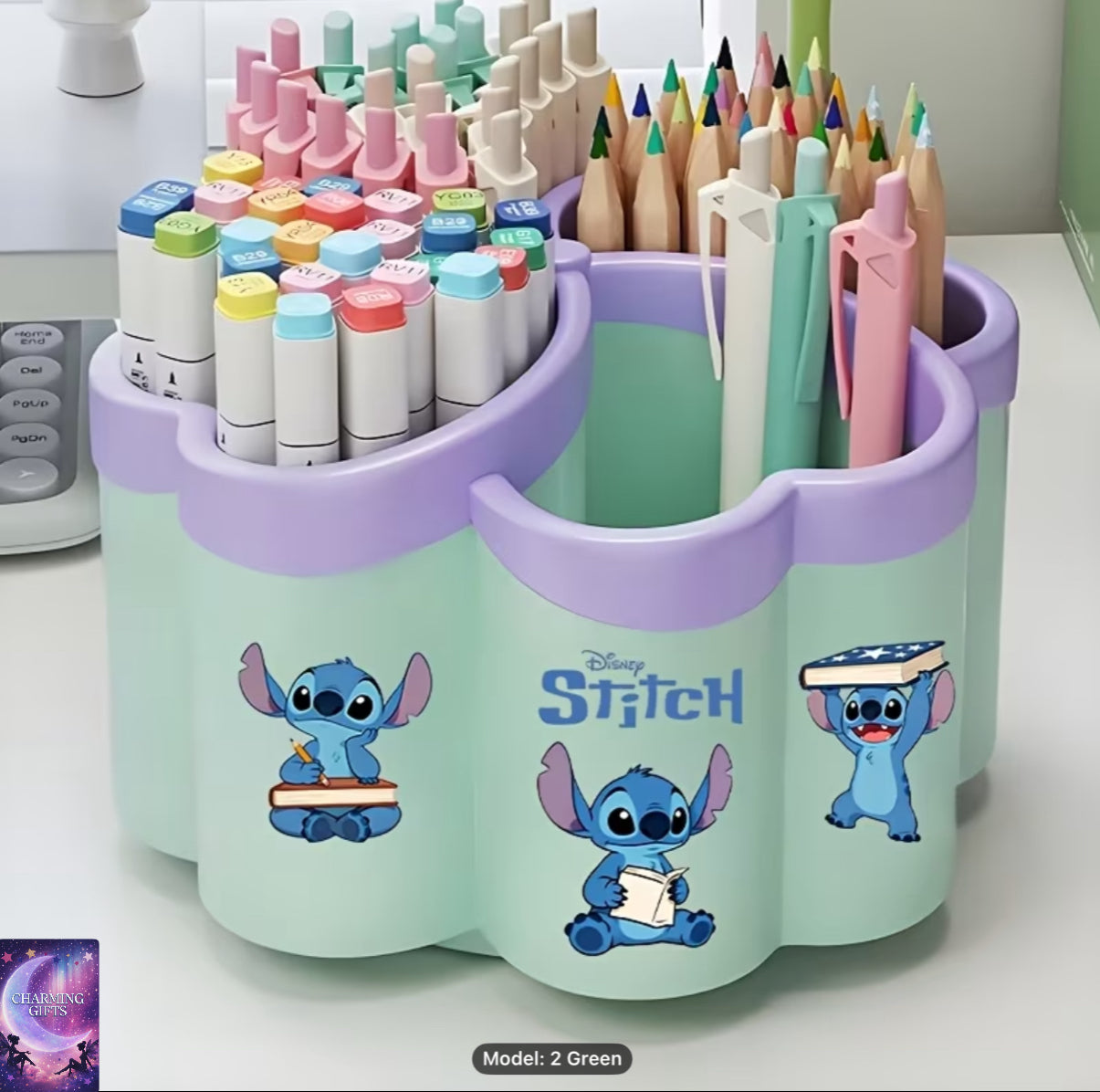 Disney Stitch Rotating Heart-Shaped Storage Box | Multi-Compartment Cartoon-Themed 360° Pen Holder - Large Capacity Multifunctional Desktop Organizer, Perfect for Stationery, Makeup Brushes, Office and Dormitory Essentials, Polished Plastic