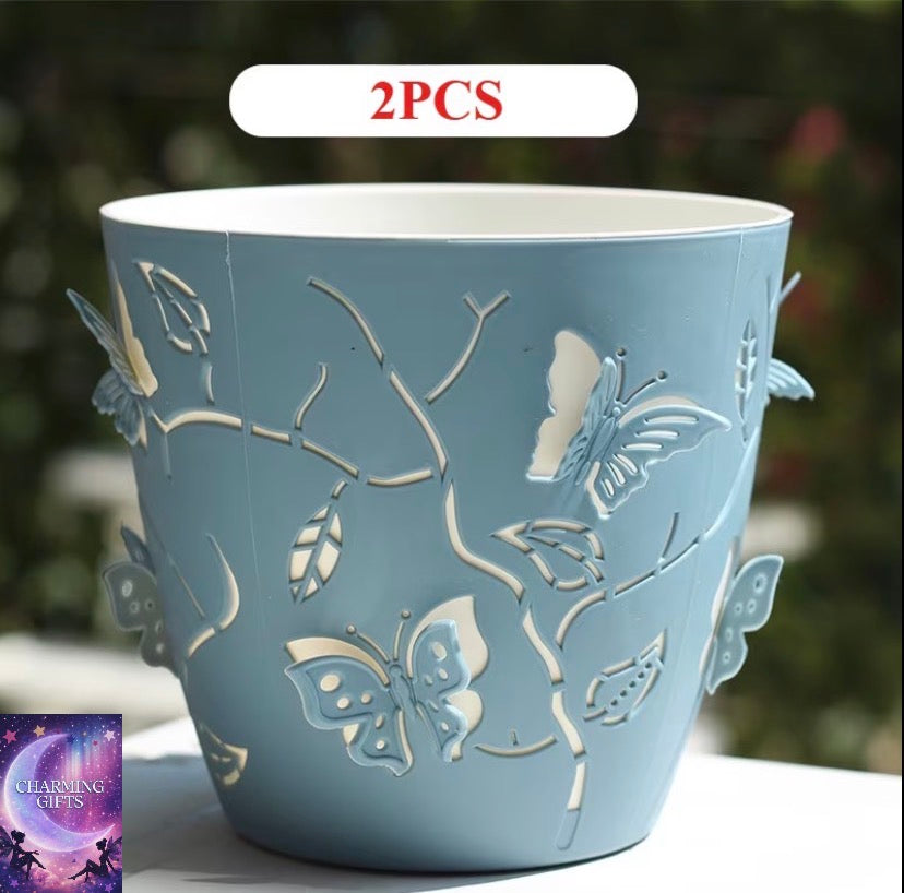 2pcs Set of Double-Layer 3D Cartoon Relief Planters, 14.6Cm/5.75 Inches Plastic Creative Plant Pots, Butterfly Pattern Inner Pots, with Breathable Drainage Holes Design, Ideal Gift for Plant Lovers Gardening Gift Home Decor