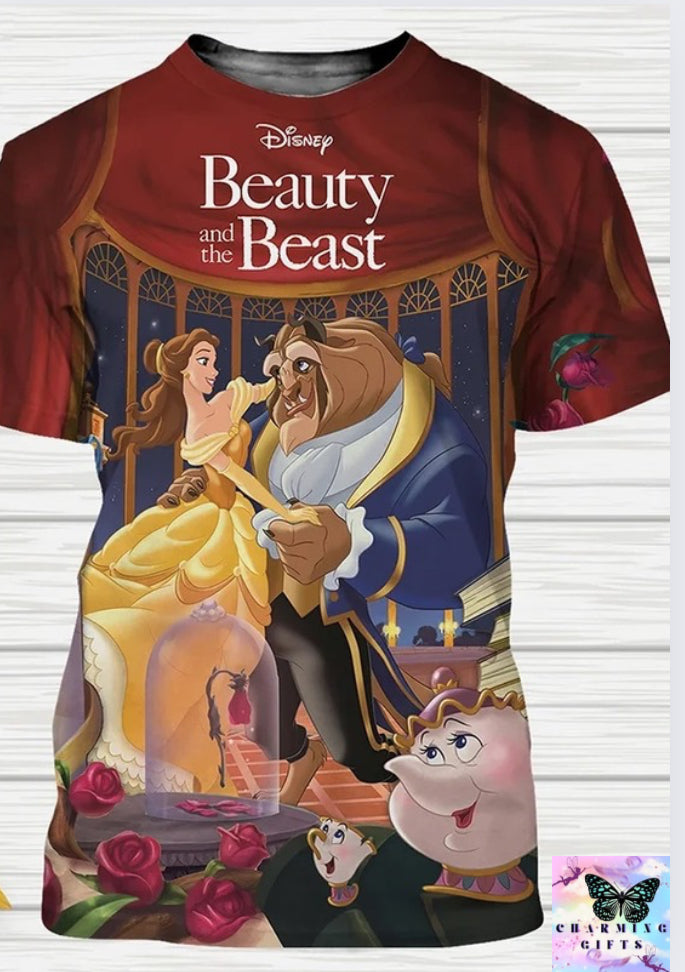 Red Beauty and The Beast Cartoon 3d T-Shirts Beast & Belle