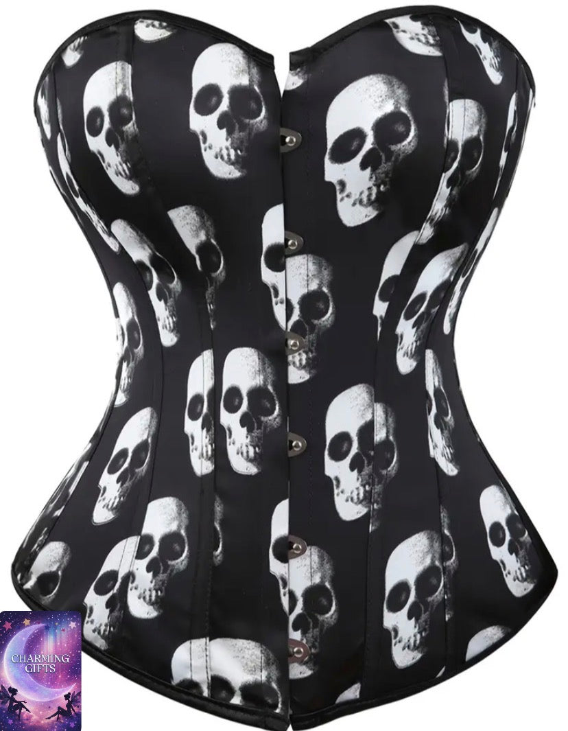 Skull Print Corset Top Halloween Pirate Costume Corsets for Women Tummy Control Lace Up Satin Corset