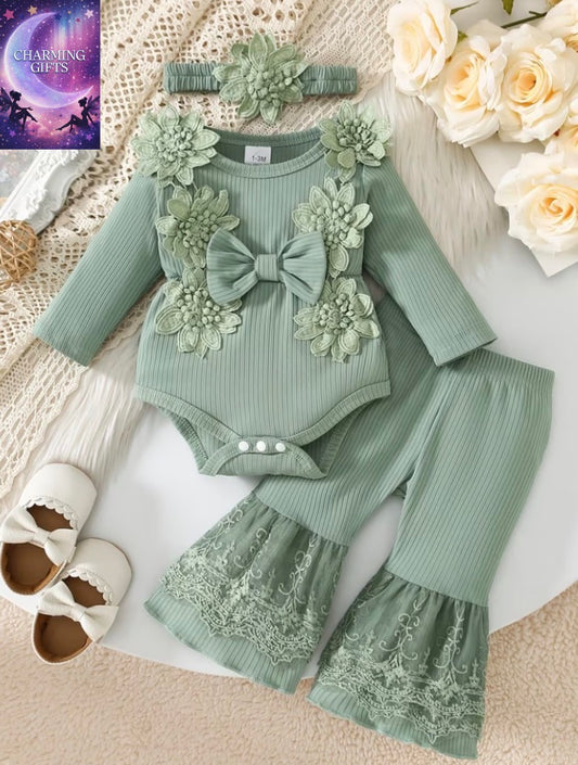 3pcs Spring/Summer Girls' Round Neck Floral Bow Bodysuit + Lace Flared Pants & Headscarf, Clothing for Girls, Perfect for Outdoor