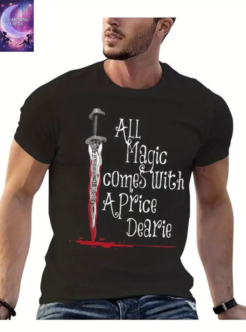 Unisex Heavyweight 300+ GSM Once Upon A Time TV Show Graphic T-Shirt - Bold Sword & "All Magic Comes with a Price" Quote - Quick-Dry Durable Fabric, Regular Fit Crewneck Streetwear Tee for Concerts, Casual Outfits & Year-Round Fantasy Apparel - Edgy