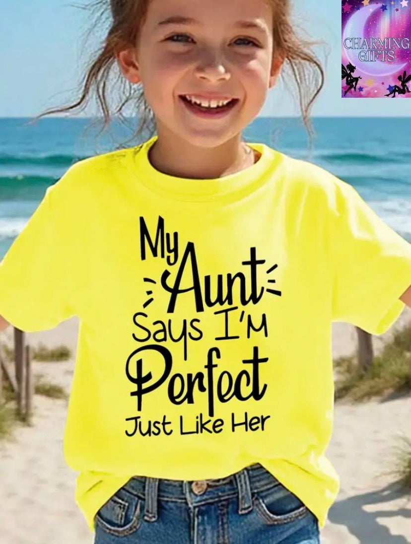 [Girls' & Boys Short Sleeve T-Shirt] Summer Fashion Girls' & Boys Short Sleeve T-Shirt "MY AUNT SAYS I'M PERFECT JUST LIKE HER" Letter Print Casual Versatile Top
